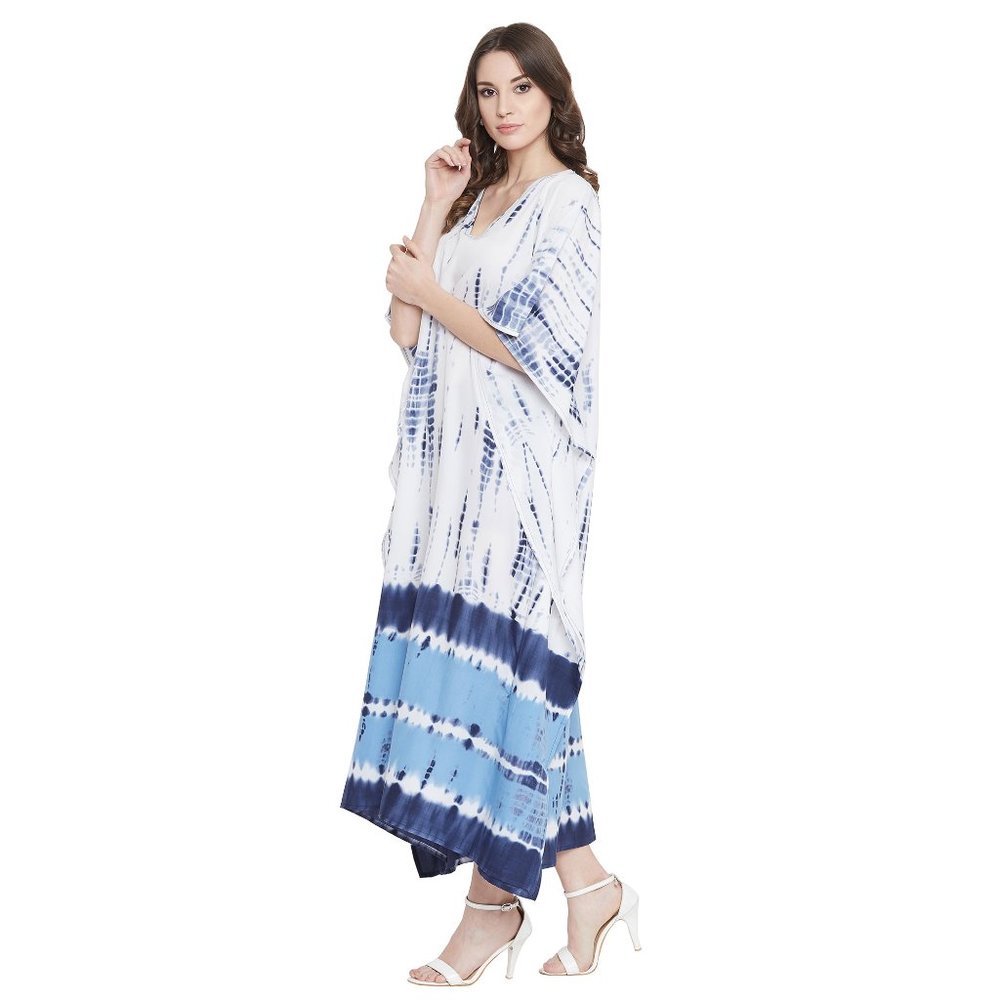 Women White & Blue Polyester Caftan Maxi Dress Stylish Mumu Cover Up Dresses - Picture 6 of 10